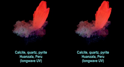 Calcite, quartz, pyrite - Huanzala, Peru - calcite fluorescent red (longwave UV)