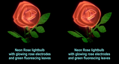 Neon Rose lightbulb with glowing rose electrodes and green fluorescing leaves