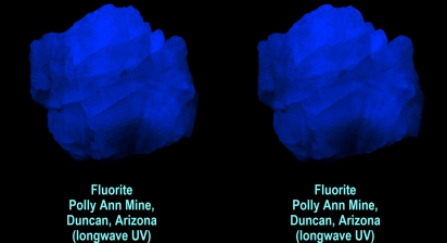Fluorite, Polly Ann Mine, Duncan, Arizona (longwave UV)