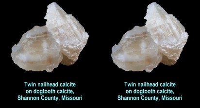 Twin nailhead calcite on dogtooth calcite, Shannon County, Missouri