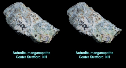 Autunite (fl. green), manganapatite (fl. orange) - Center Strafford, NH