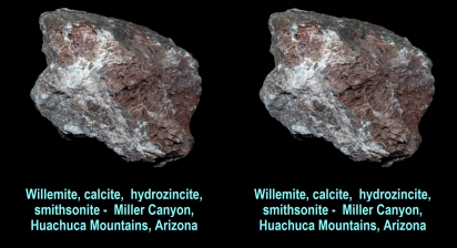 Willemite, calcite, hydrozincite, smithsonite - Miller Canyon, Huachuca Mountains, Arizona
