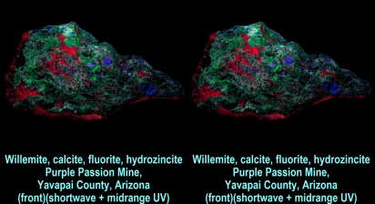 Willemite, calcite, fluorite, hydrozincite - Purple Passion Mine, Yavapai County, Arizona (front)(shortwave + midrange UV)