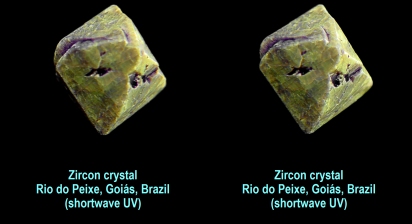 Zircon crystal - Rio do Peixe, Gois, Brazil (shortwave UV)