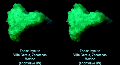 Topaz on hyalite opal - Villa Garcia, Zacatecas, Mexico (shortwave UV)