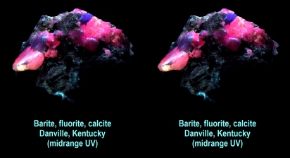 Barite, fluorite, calcite, Danville, KY (midrange UV)